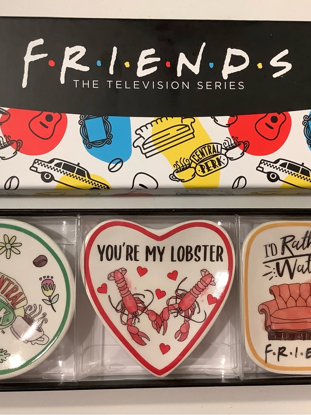 FRIENDS Decorative Box with Red, Blue, Yellow and Black Accents